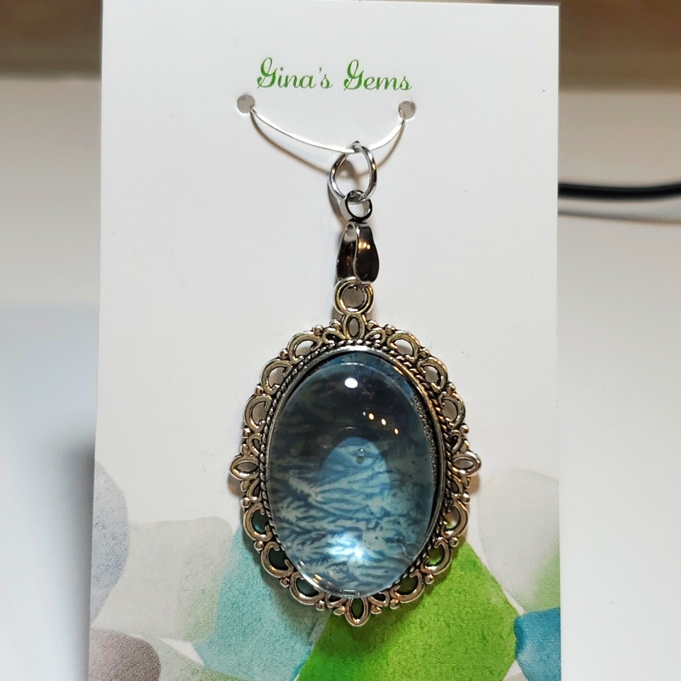 Resin Pendant Necklace Blue Underwater Scene Handmade